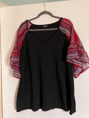 BloomChic Black V-Neck Top with Red Multi-Stripe Puff Sleeves